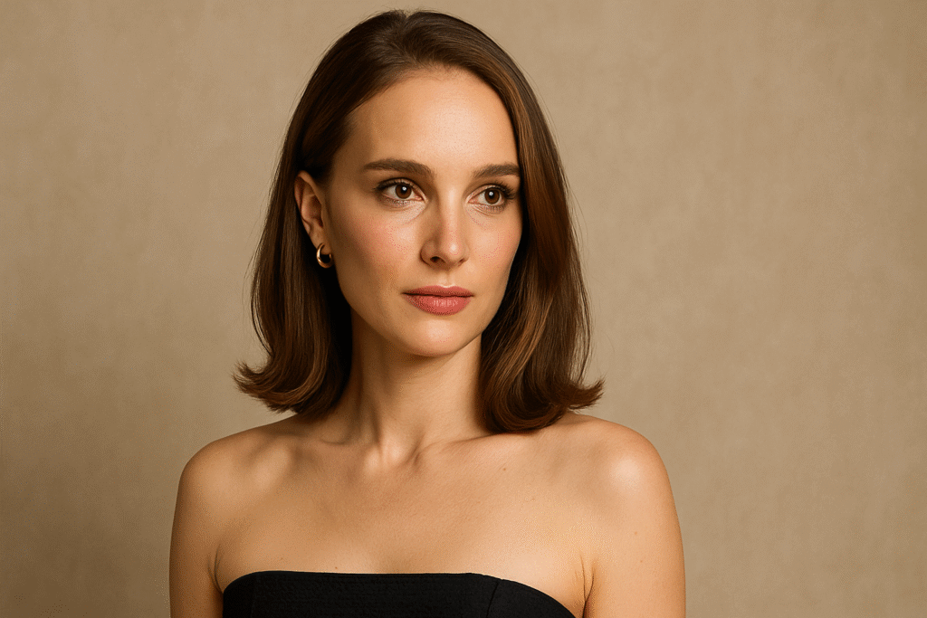 Natalie Portman posing at a red carpet event, showcasing elegance and grace in a designer gown.