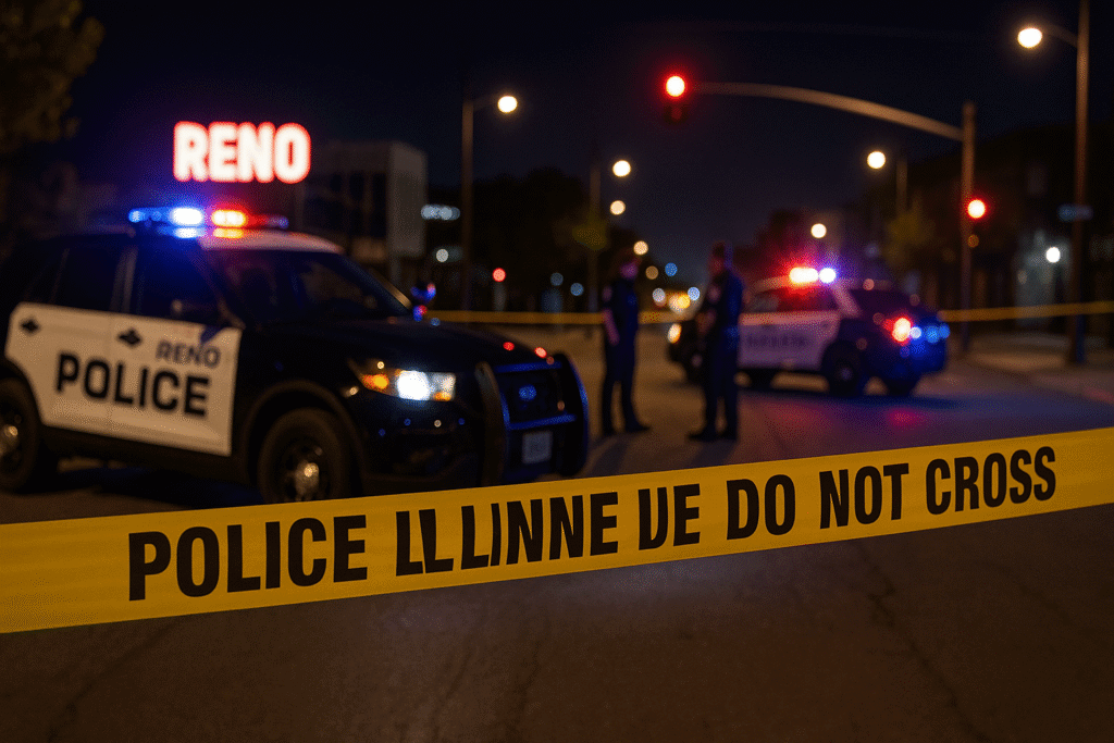 "Scene from the Reno shooting at Grand Sierra Resort showing emergency response and police vehicles at the location of the incident."