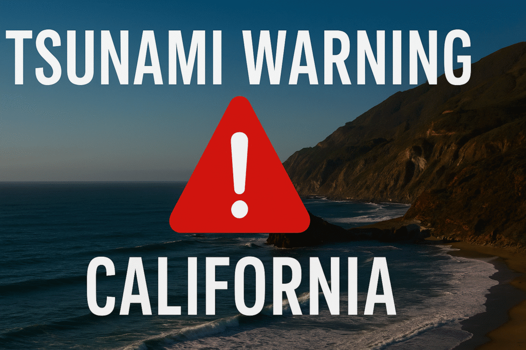 California coastline with tsunami warning alert