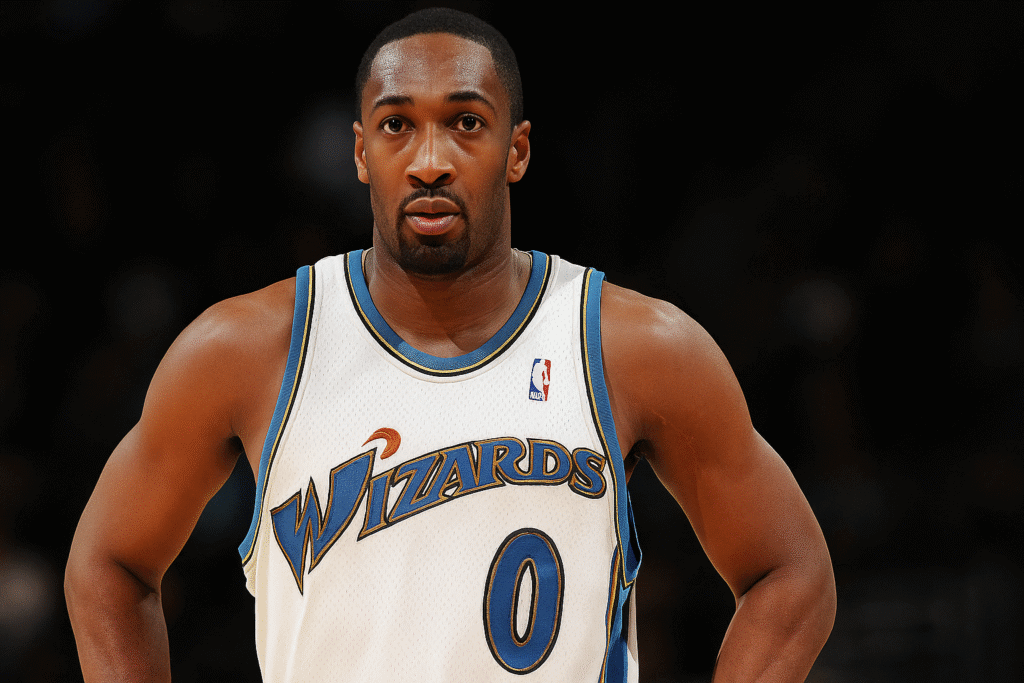 Gilbert Arenas playing during his NBA prime, now facing legal troubles in 2025