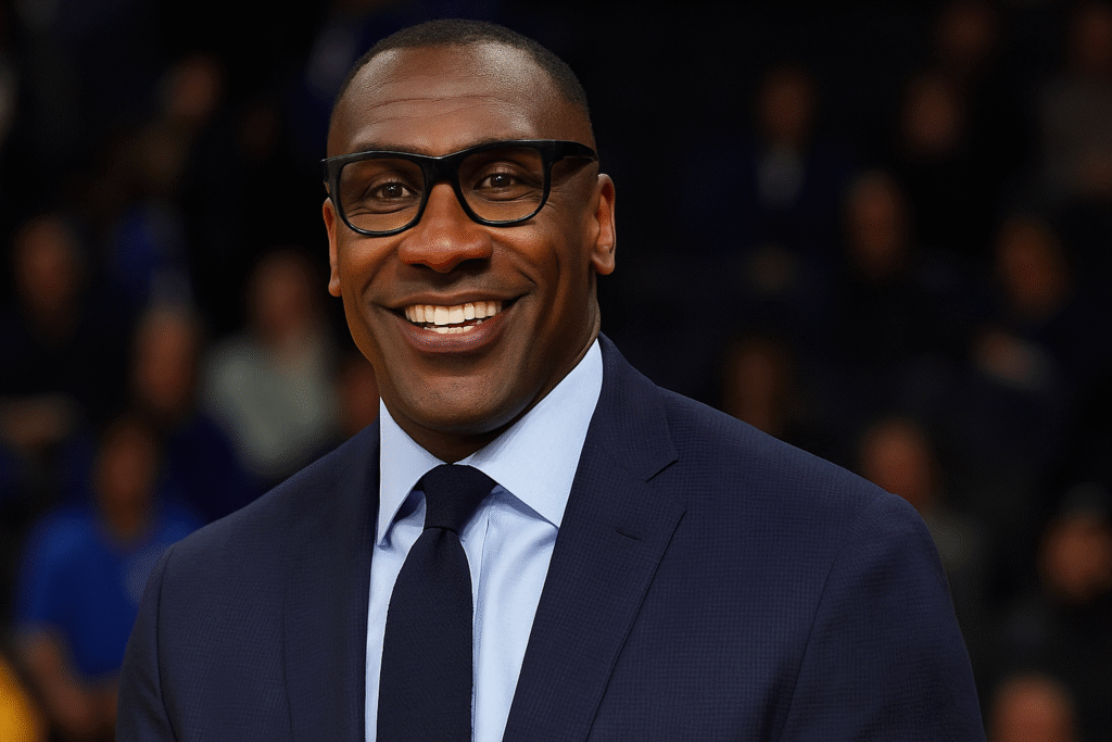Shannon Sharpe speaking during a sports talk show, wearing a suit and glasses