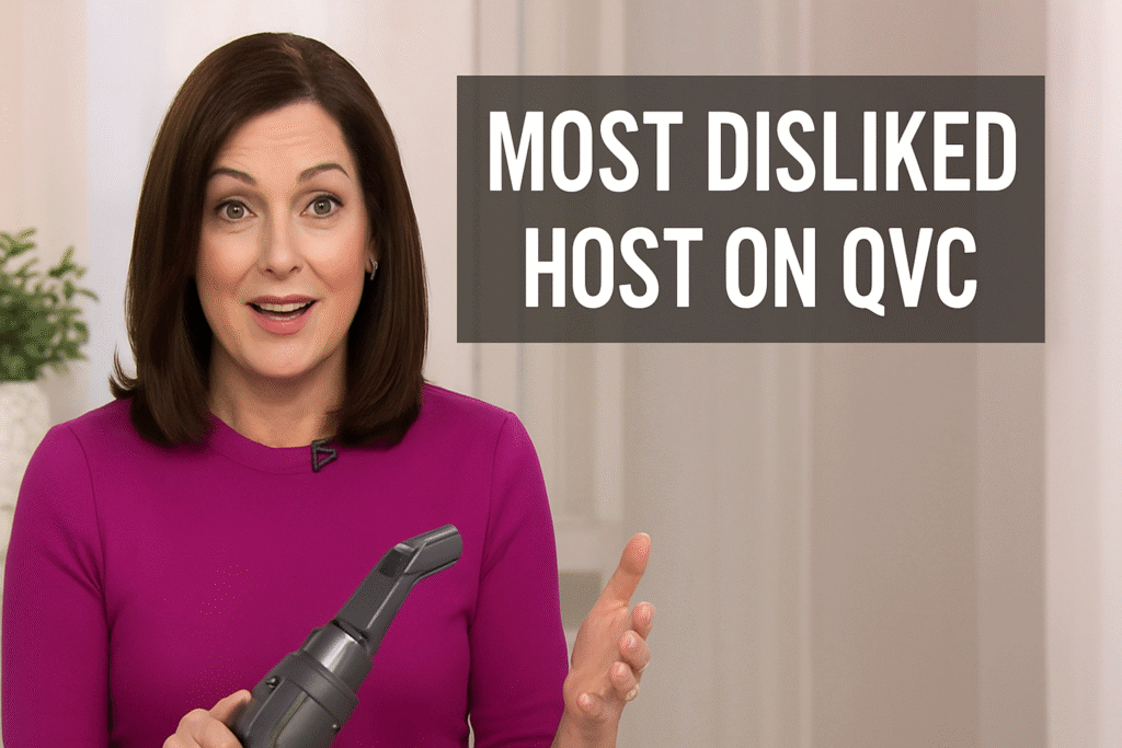 QVC host speaking live on-air during a product showcase