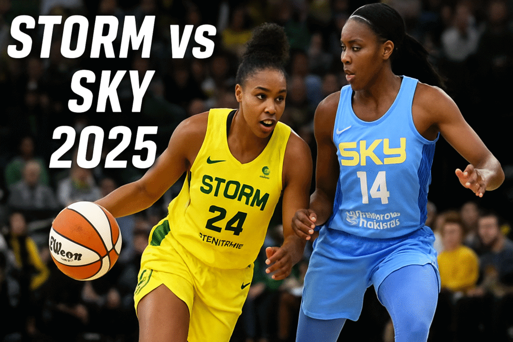 WNBA Storm vs Sky 2025 game action showing players battling on the court