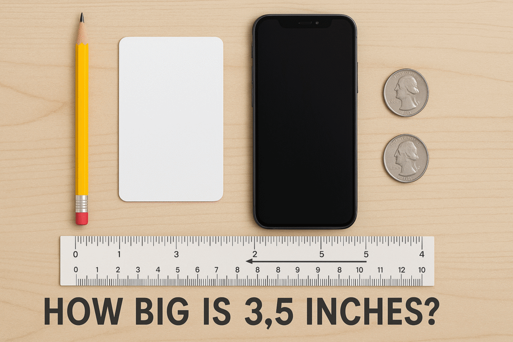 “Visual comparison showing how big 3.5 inches is using everyday objects like a pencil and phone.” “3.5 inches converted to centimeters on a ruler chart.”